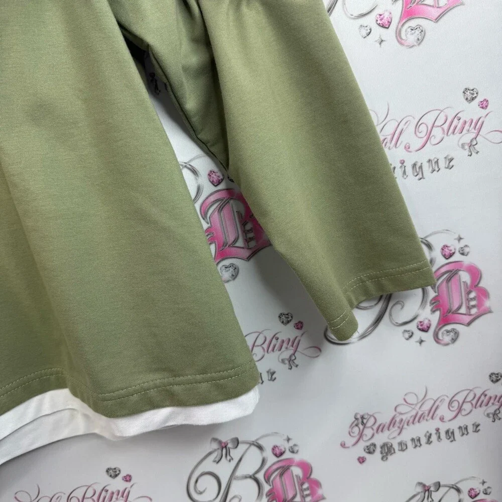 SHEIN long sleeve Tokyo Olive Green Long Sleeve Pocket Tee with White Hem Layer